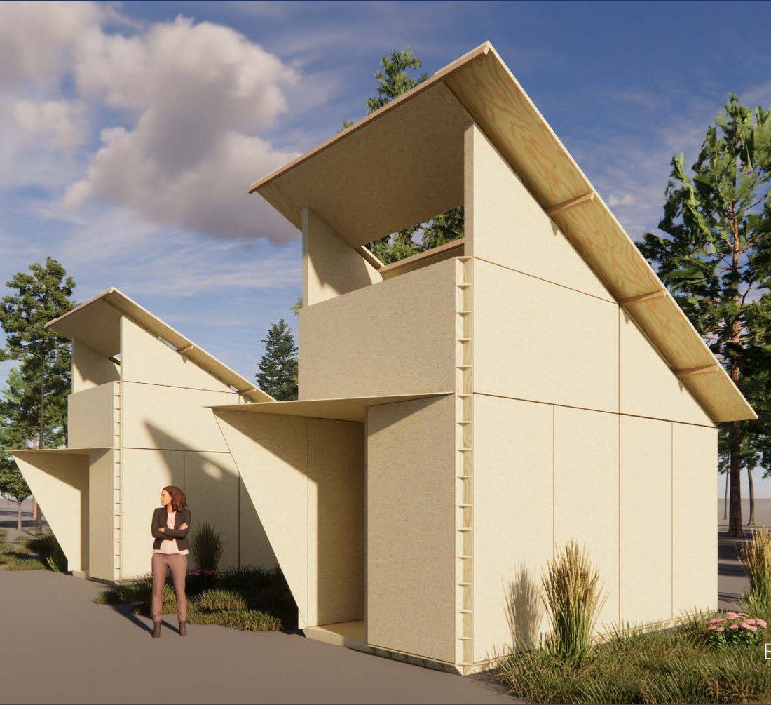 two cabins with tall windows and triangular canopies